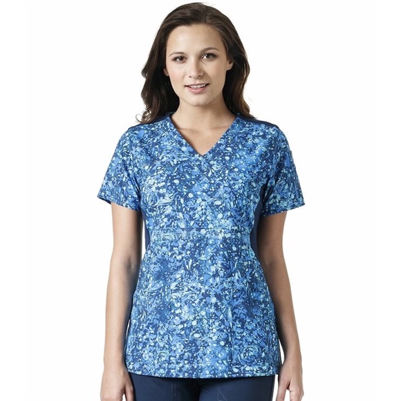 Carhartt Tops - Carhartt C12314 Blue Printed Mock Wrap Empire Waist Scrub Top